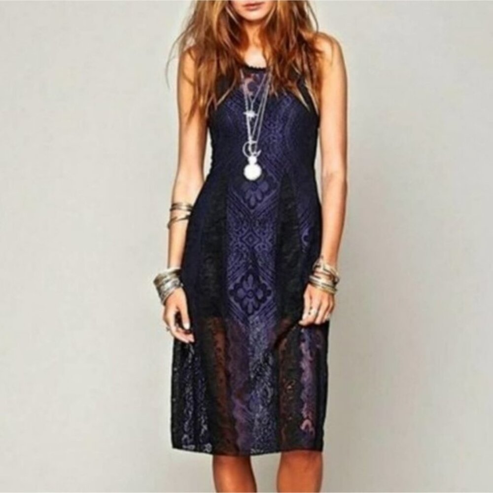 FREE PEOPLE Navy Blue Slip Dress S Midi Semi Sheer Lining Miracle Lace Racerback